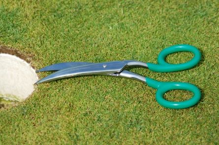 hole trimming scissors next to golf hole cup