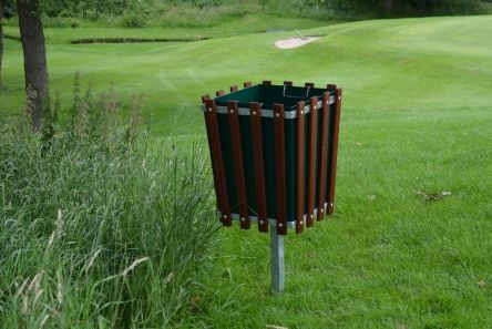 square wooden slatted litter bin with centre post and solid liner
